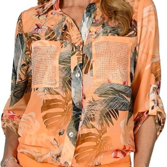 FRANK LYMAN Blouse L Multicolor Floral Sheer Embellished Roll Tab Sleeve Tie - Picture 3 of 14